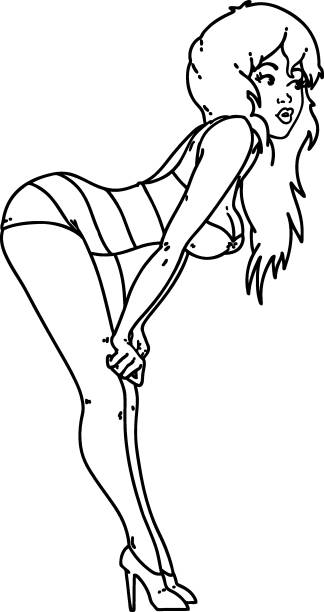 black line tattoo of a pinup girl in swimming costume tattoo in black line style of a pinup girl in swimming costume black pin up girl tattoos stock illustrations