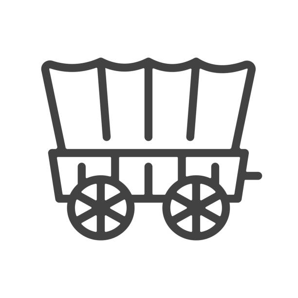 westliche bedeckte wagen umriss-symbol. - pferdekarre stock-grafiken, -clipart, -cartoons und -symbole