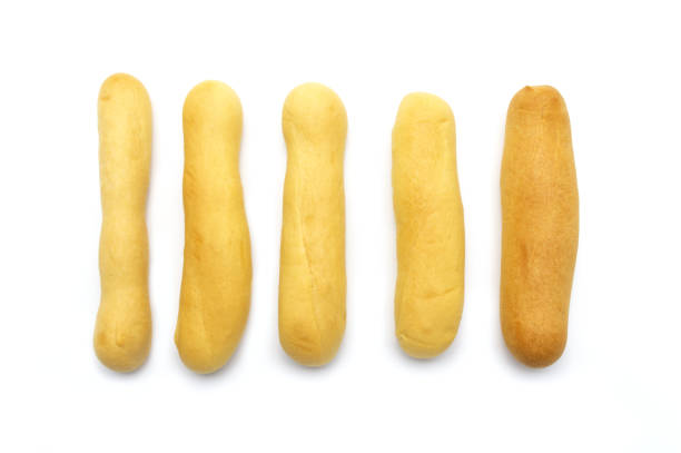 Minimalist french baguette. fresh bread isolated on white background, top view with space for your text or design.