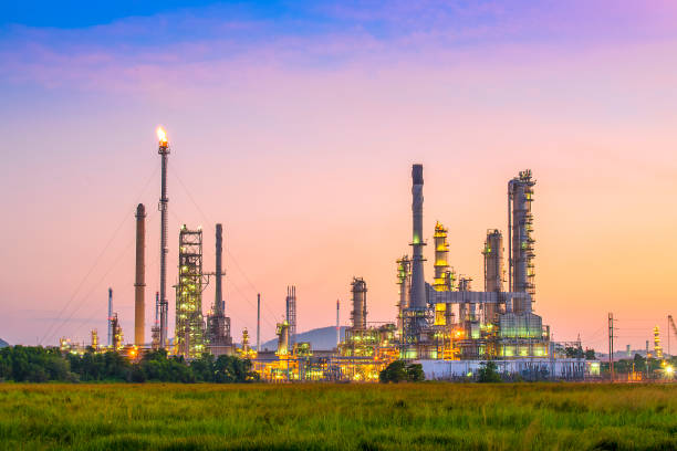 istock Oil refinery plant at twilight sky 1222029056