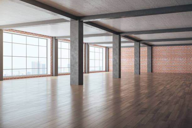 istock Minimalistic brick interior with columns and wooden floor 1222029452