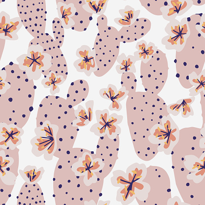 Blooming cactus isolated on white. Exotic botanical seamless pattern. Flat floral ornament. Cartoon style cutout design.
