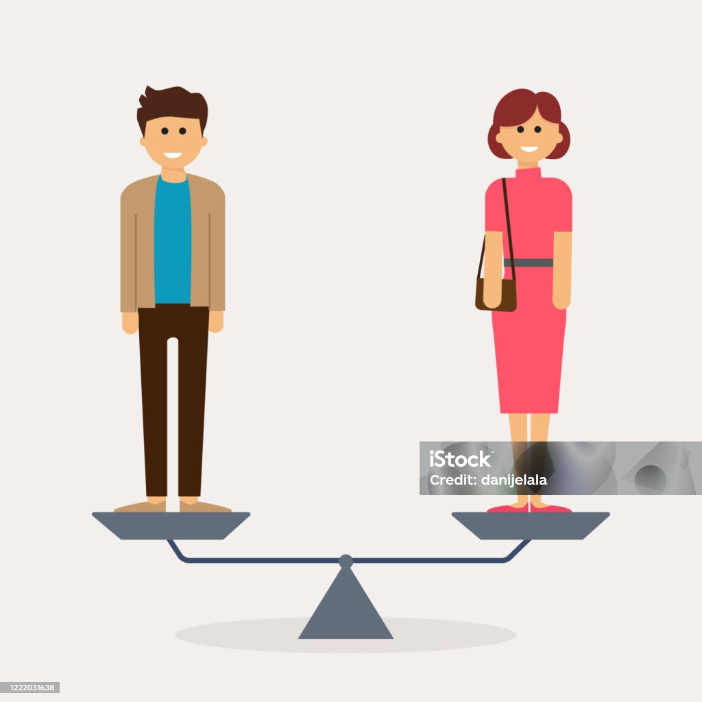 Kesetaraan gender bisnis, pengusaha dan pengusaha berdiri di atas timbangan pada ketinggian yang sama - Bebas Royalti Bekerja - Aktivitas fisik vektor stok