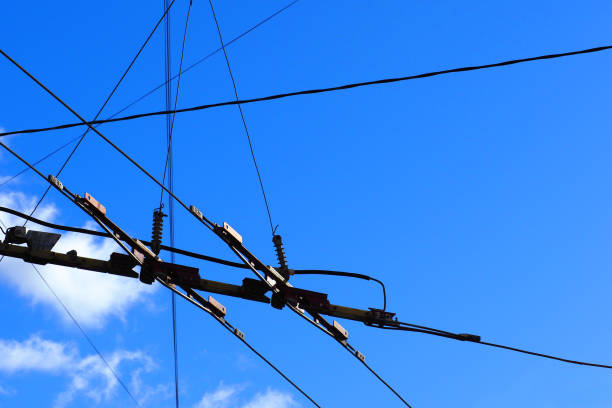 Tram wires against the blue sky, pantograph