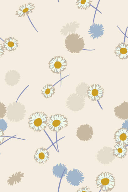 밝은 여름 배경입니다. 초원 데이지로 만든 매끄러운 패턴. 흩어진 꽃. - pattern seamless doodle retro revival stock illustrations