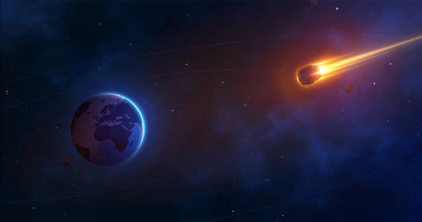 행성 지구와 불타는 혜성과 공간 배경. 거대한 소행성이 지구에 접근하고 있습니다. 현실적인 운석 접근 방식. 벡터 일러스트레이션 - asteroid stock illustrations