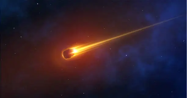 Vector illustration of Realistic comet, meteorite, an asteroid in motion burns against the background of outer space. 3d object vector illustration. Bullet burns with fire