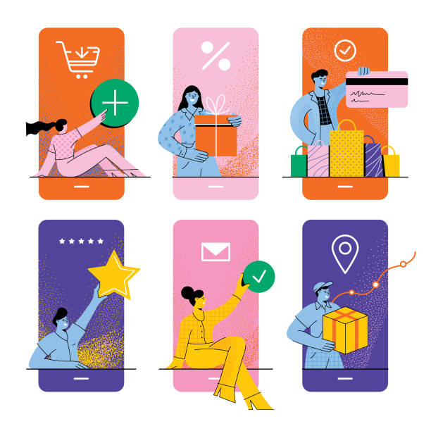 Online shopping concept Mobile shopping screens. Various people buying, paying, rating and delivering.
Fully editable vectors on layers. person on phone illustration stock illustrations