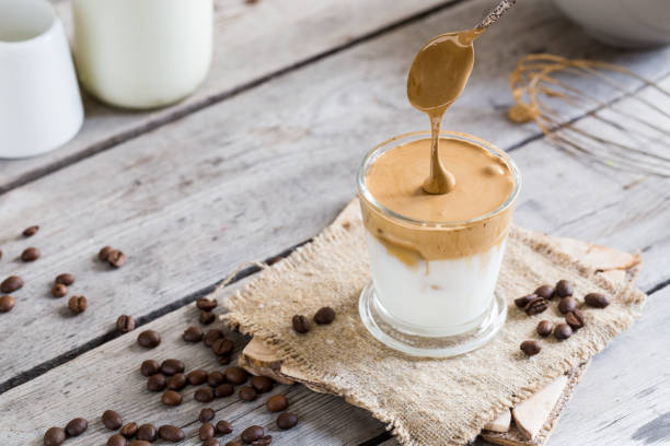 Coffee trend - dalgona coffee, whipped instant coffee. cream coffee, iced coffee