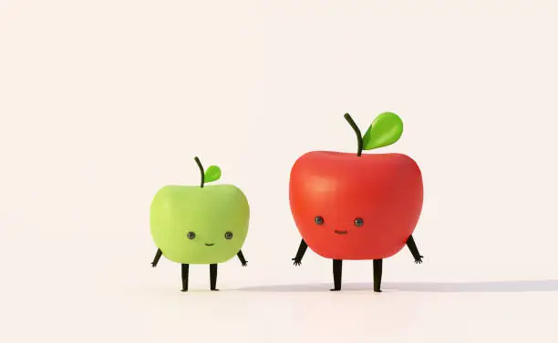Photo of red apple with green apple cute cartoon character.