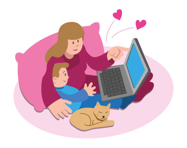 Staying at Home with Love. Togetherness, Online Learning. Vector Illustration of a cute people, mother and son staying at home with Love and togetherness, online learning. togetherness covid stock illustrations