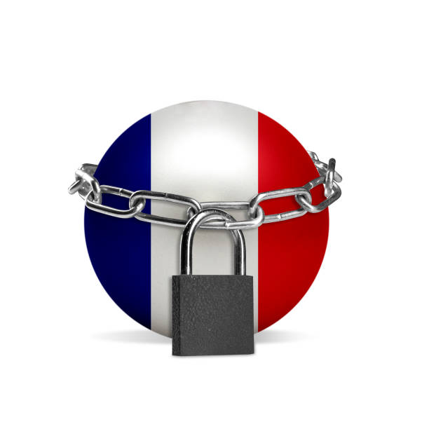 istock Planet colored in France flag, locking with chain. Countries lockdown during coronavirus, COVID spreading 1222039944
