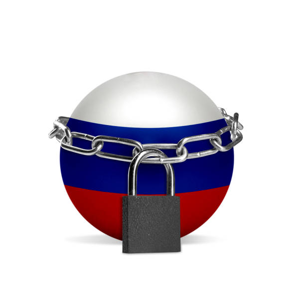 istock Planet colored in Russia flag, locking with chain. Countries lockdown during coronavirus, COVID spreading 1222039967