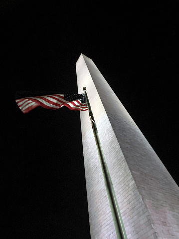 The Washington Monument at night with flag blowing in wind.