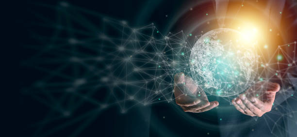 man's hands holding virtual digital earth planet with light and line graphic decoration. save earth concept. global connection technology concept. graphic design for background and banner. - world service imagens e fotografias de stock