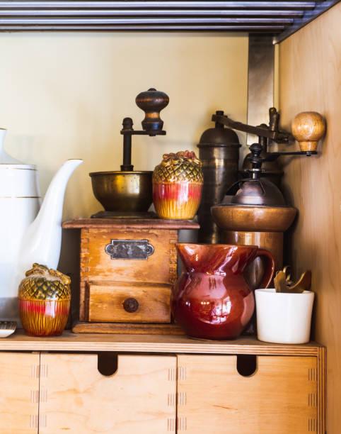 istock Coffee and tea pot variety on the kitchen shelf 1222044092