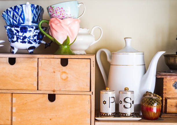 istock Coffee and tea pot variety on the kitchen shelf 1222044530