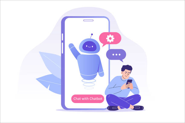 Chatbot ai and customer service concept. Young man talking with chatbot in a big smartphone screen. Chat bot virtual assistant via messaging. Customer support. Helping. Vector isolated illustration Chatbot ai and customer service concept. Young man talking with chatbot in a big smartphone screen. Chat bot virtual assistant via messaging. Customer support. Helping. Vector isolated illustration virtual assistant stock illustrations