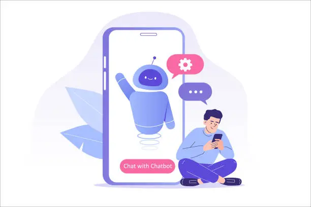 Vector illustration of Chatbot ai and customer service concept. Young man talking with chatbot in a big smartphone screen. Chat bot virtual assistant via messaging. Customer support. Helping. Vector isolated illustration