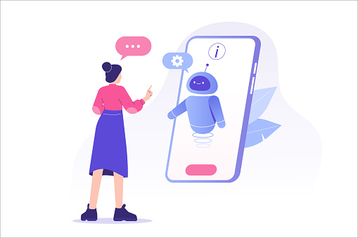 Chatbot ai and customer service concept. Young woman talking with chatbot in a big smartphone screen. Chat bot virtual assistant via messaging. Customer support. Helping. Vector isolated illustration