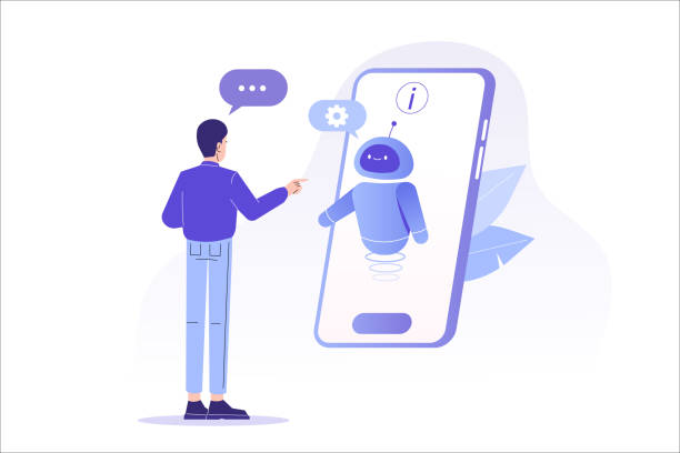 Chatbot ai and customer service concept. Young man talking with chatbot in a big smartphone screen. Chat bot virtual assistant via messaging. Customer support. Helping. Vector isolated illustration vector art illustration