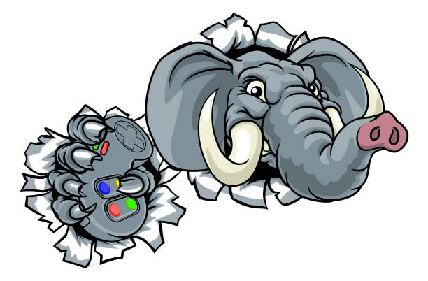 Elephant Video Games Controller Gamer Mascot An elephant gamer mascot holding video games controller and breaking through the background republican elephant logo stock illustrations
