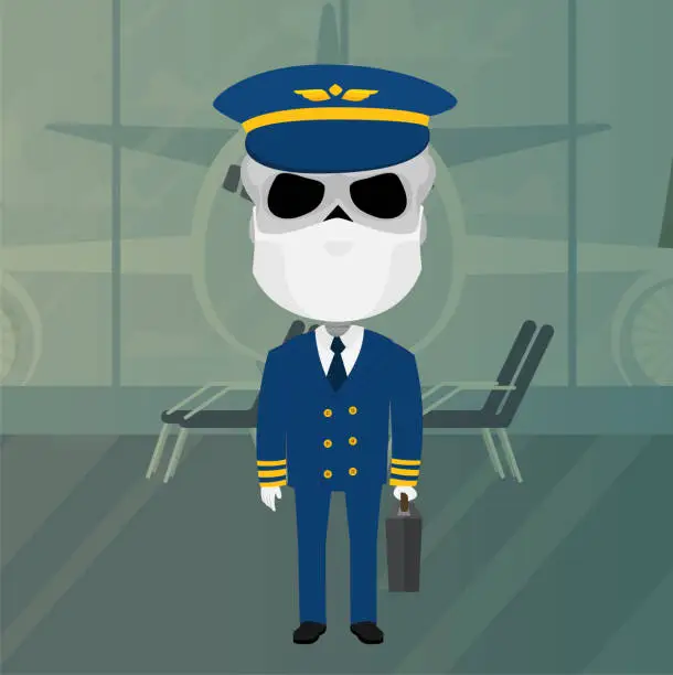 Vector illustration of Skeleton plane pilot with virus mask and white gloves in airport suitcase hat blue suit flying safe