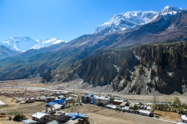 istock Praken Gompa - Panoramic view on Manang village in Himalayas 1222047655