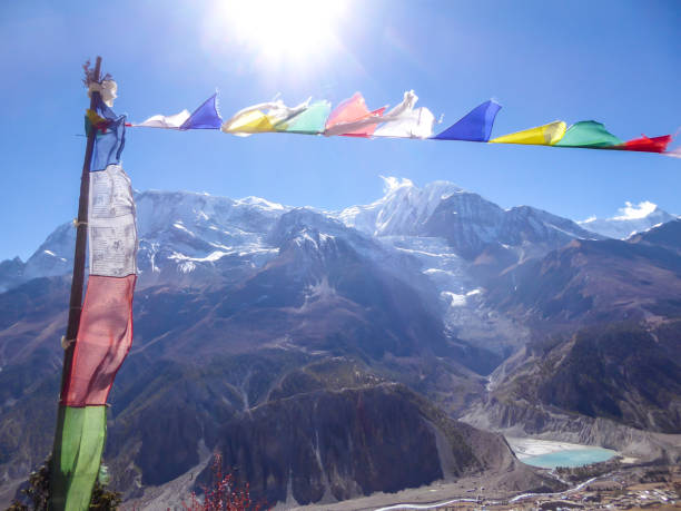 istock Praken Gompa - Panoramic view on Himalayan valley with waving prayer flags 1222048009