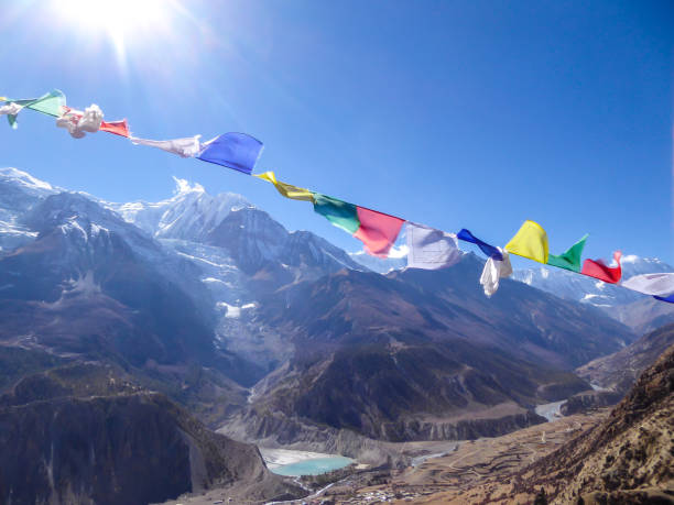 istock Praken Gompa - Panoramic view on Himalayan valley with waving prayer flags 1222049347