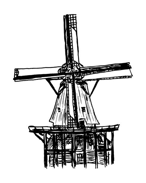 istock Drawing of a Dutch Windmill - Detailed and naturalistic vector graphic 1222049819