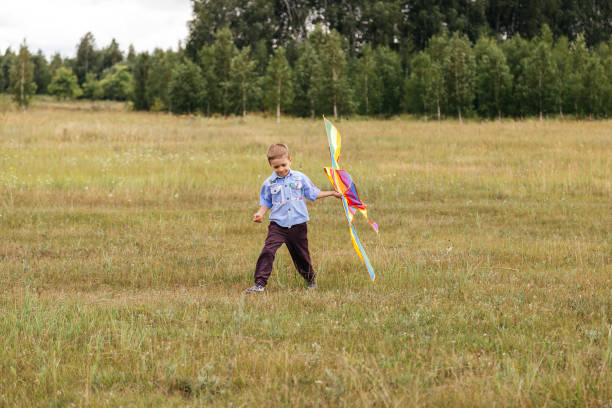 istock A boy holds a kite on the field. 1222049899