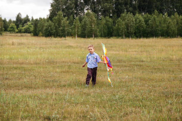 istock A boy holds a kite on the field. 1222049901