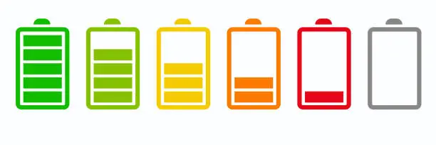 Vector illustration of Battery icons set. Battery charging charge indicator icon. level battery energy. Alkaline battery capacity charge icon. Flat style - stock vector.