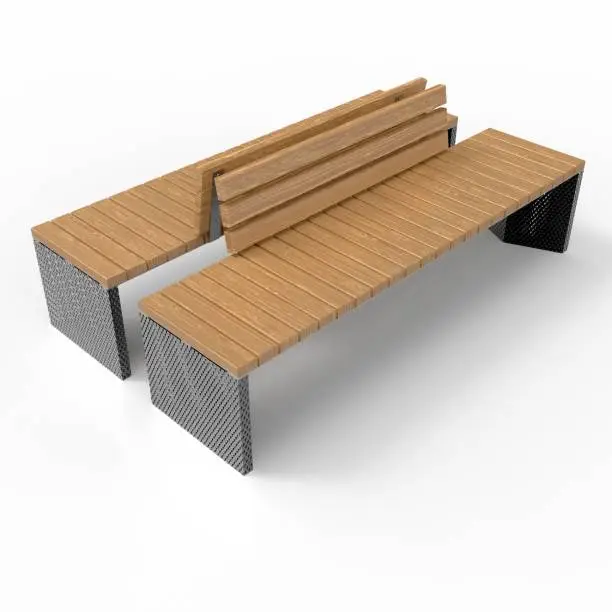 3D image of Park benches on a light background. Wooden, metal, stone and concrete small architectural forms. Use these photos in your advertising campaigns to attract a lot of interest.