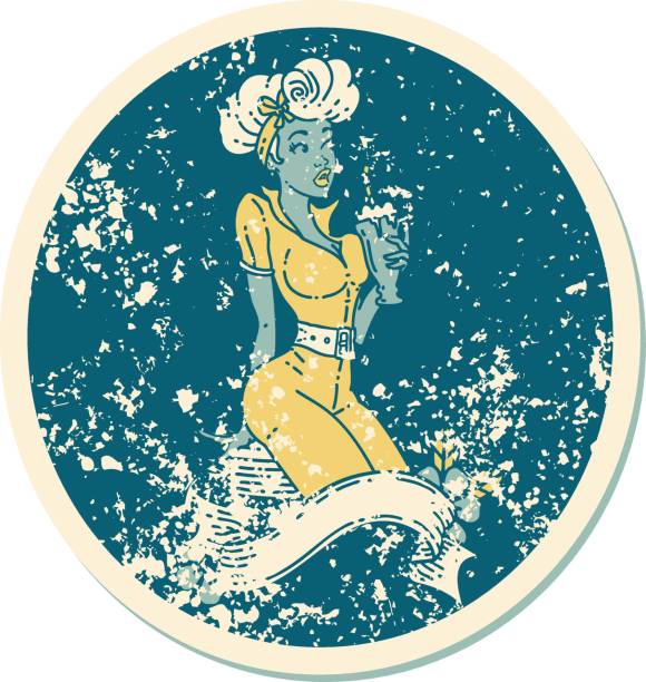 istock distressed sticker tattoo style icon of a pinup girl drinking a milkshake with banner 1222051247