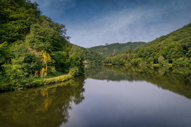Saarschleife (river Saar loop) in Mettlach, Saarland, view from a sightseeing ship. Saar loop is one of natural wonders in Germany.