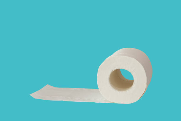 istock White toilet paper on light blue background space 1222051597