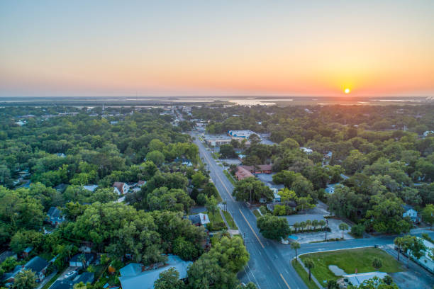 Drone View of Sunset in Brunswick, Georgia stock photo