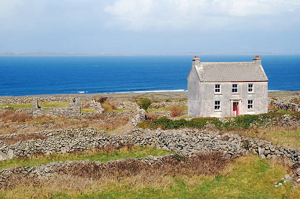 Stone walls, green fields, a farmhouse at sunset in Inishmore, Aran Islands, Ireland