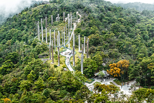 Located at the foot of Lantau Peak, Wisdom Path is a landscaped installation of wooden columns inscribed with the calligraphy of the complete verses of the Heart Sutra written by master Sinologist Professor Jao Tsung-I.