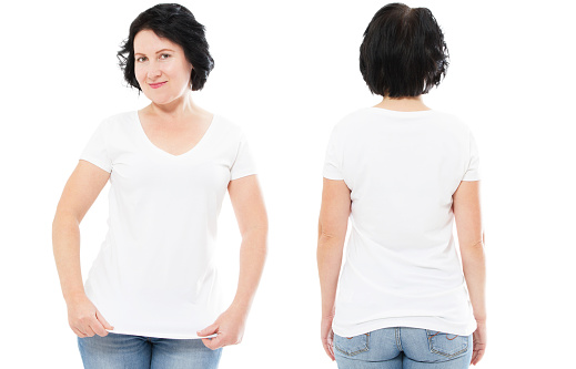 white tshirt set, woman in style T-shirt isolated on white background, tshirt mock up, blank shirt
