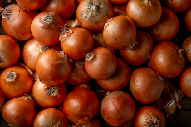 istock Fresh ripe onions on wood background. 1222055875