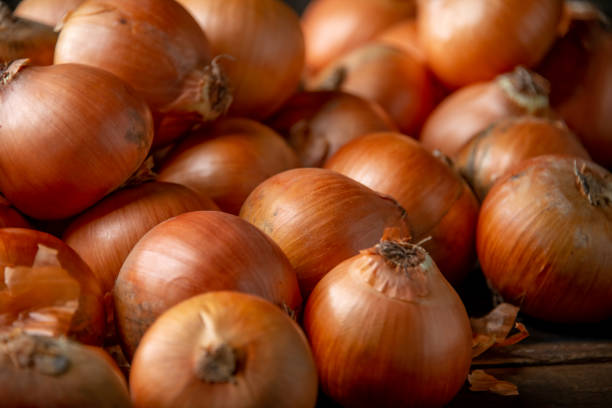 istock Fresh ripe onions on wood background. 1222056082