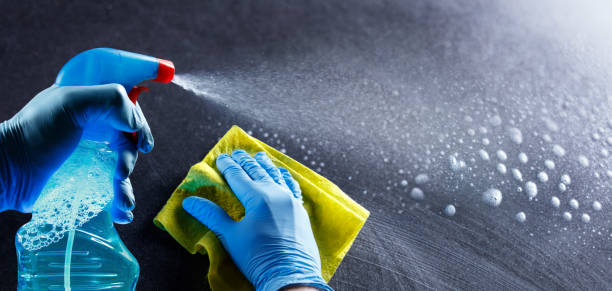 rengöring och desinfektion med desinfektionsmedel spray - skydd mot coronavirus - cleaning surface bildbanksfoton och bilder