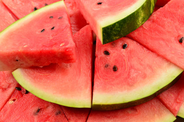 istock Juicy watermelon slices background. Top view. 1222056334