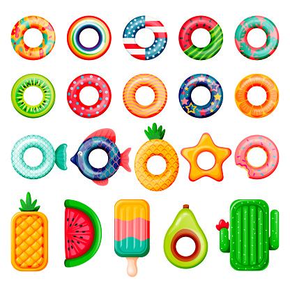 Pool inflatable rings and mattress set. Boys, girls floating funny toys. Vector illustration. Summer beach kids leisure elements. Fish, donut, USA flag, cactus, watermelon isolated on white background