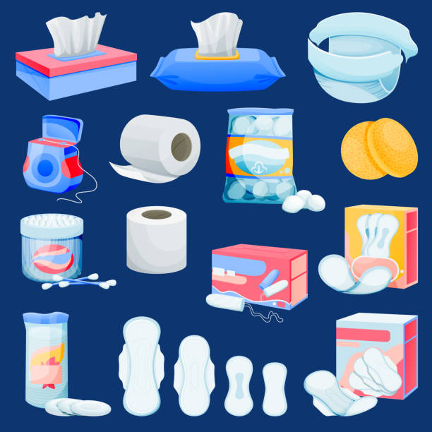 Personal hygiene supplies. Vector hygienic supplements illustration. Womens cleansing products. Kids care sanitary icons Personal hygiene supplies set. Vector flat cartoon illustration of hygienic and toiletries supplements. Womens facial beauty cleansing products. Kids care sanitary icons and design elements. sanitary pad stock illustrations