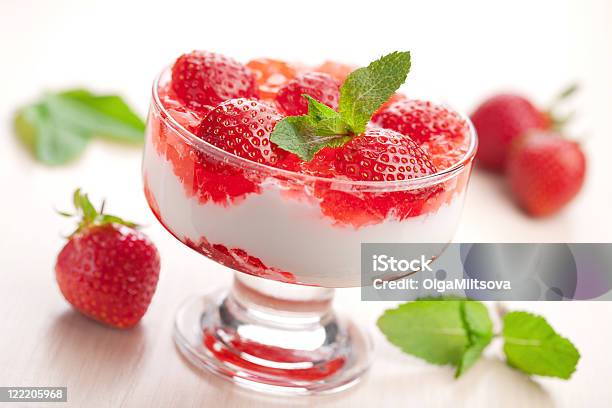 Creme Dessert With Strawberries In A Glass Dish Stock Photo - Download Image Now - Berry Fruit, Bowl, Breakfast