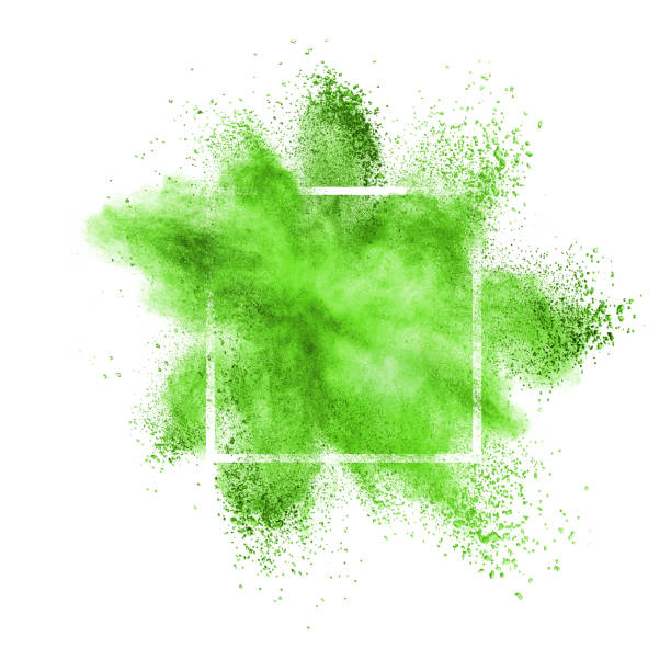 Green powder explosion in a frame on a white background.